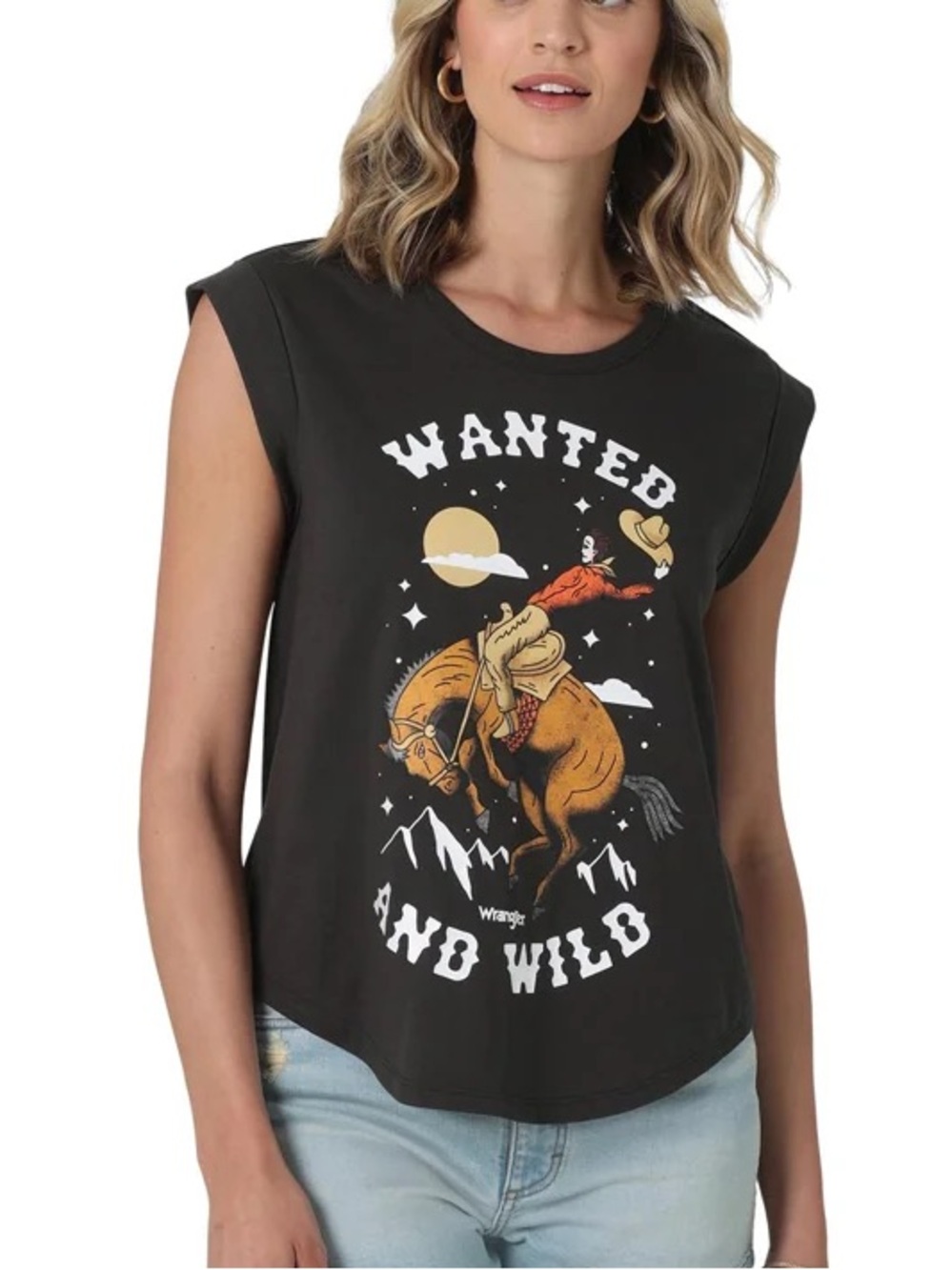 Wrangler Black Muscle Tank with 'Wanted and Wild' Western Rodeo Graphic